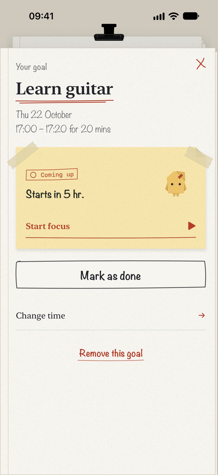 A gitártanulás céloldala a Start focus és a Mark as done gombbal.