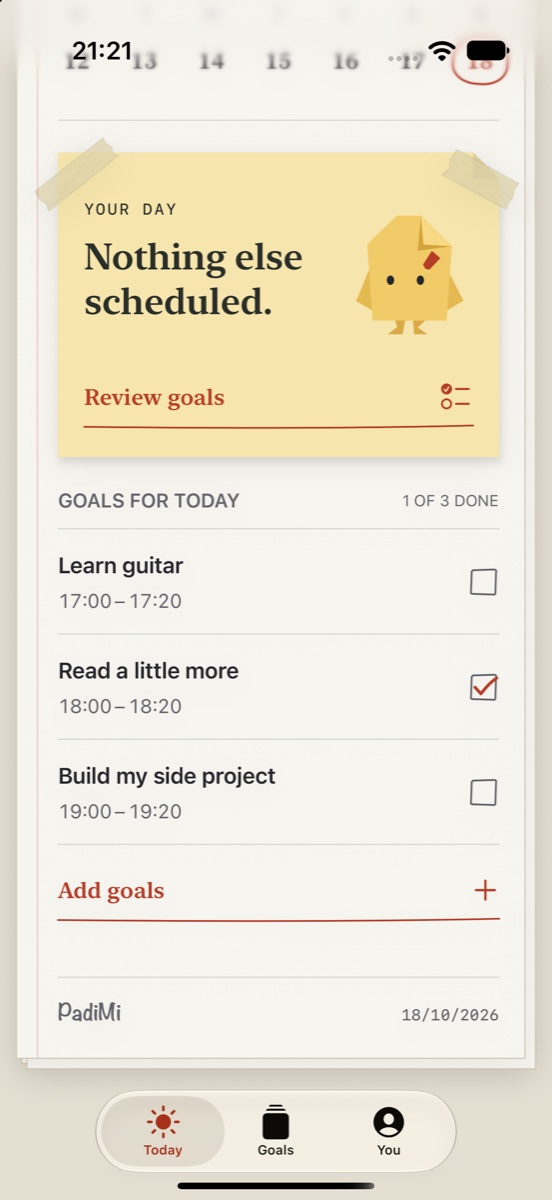PadiMi development preview: a paper notebook with time set aside for guitar, reading and a side project.